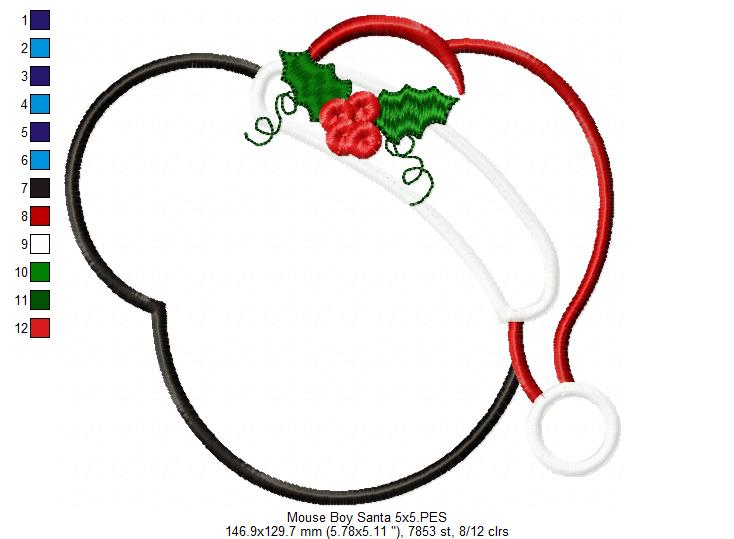 Mouse Ears Boy Christmas Santa - Applique Embroidery