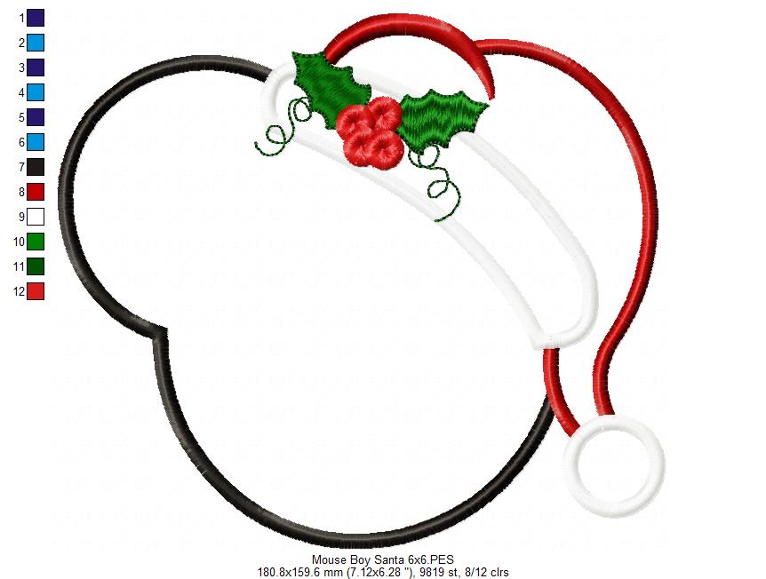 Mouse Ears Boy Christmas Santa - Applique Embroidery
