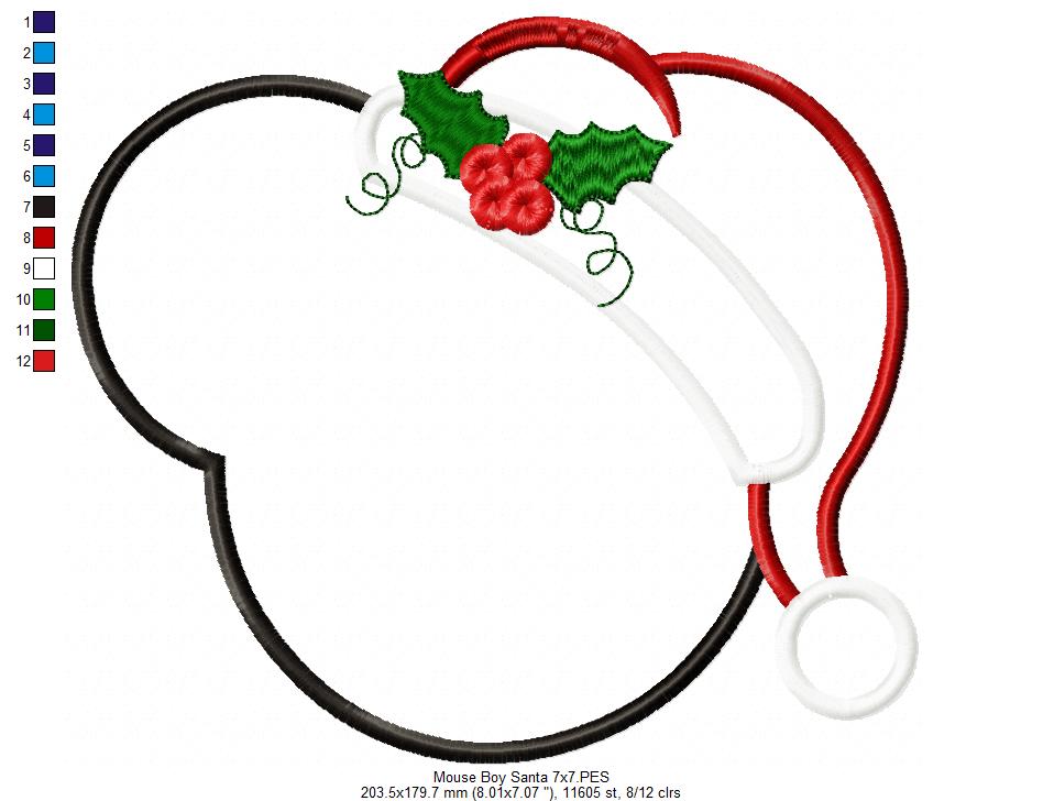 Mouse Ears Boy Christmas Santa - Applique Embroidery