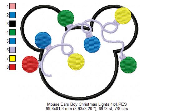 Mouse Ears Boy Christmas Lights - Applique - Machine Embroidery Design