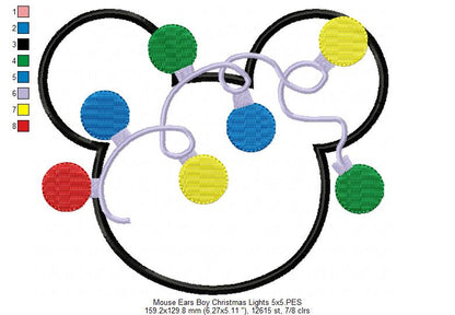 Mouse Ears Boy Christmas Lights - Applique - Machine Embroidery Design