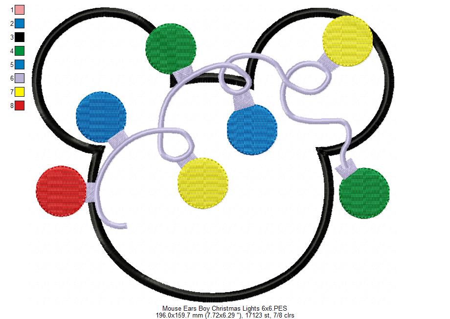 Mouse Ears Boy Christmas Lights - Applique - Machine Embroidery Design