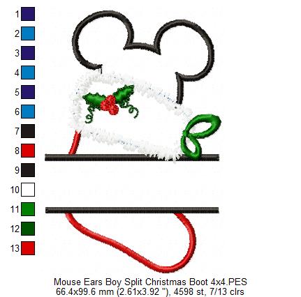 Split Mouse Ears Boy Christmas Boot - Applique Embroidery