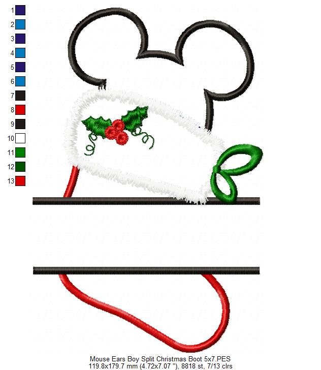Split Mouse Ears Boy Christmas Boot - Applique Embroidery