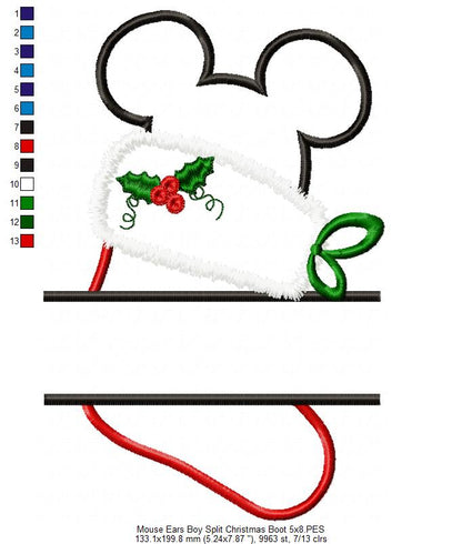 Split Mouse Ears Boy Christmas Boot - Applique Embroidery