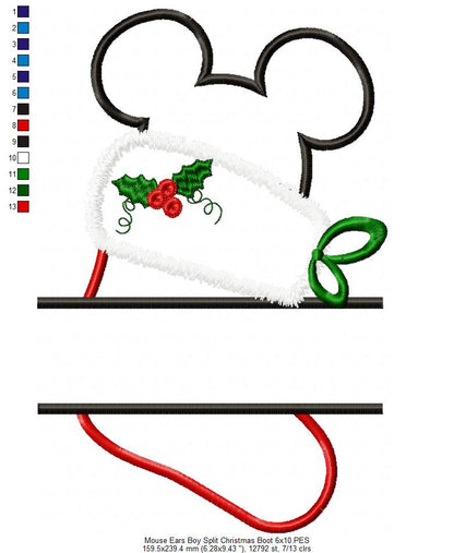 Split Mouse Ears Boy Christmas Boot - Applique Embroidery