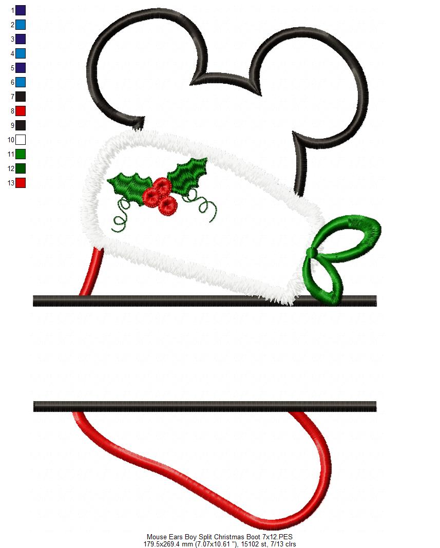Split Mouse Ears Boy Christmas Boot - Applique Embroidery