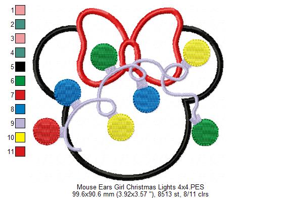 Mouse Ears Girl Christmas Lights - Applique Embroidery
