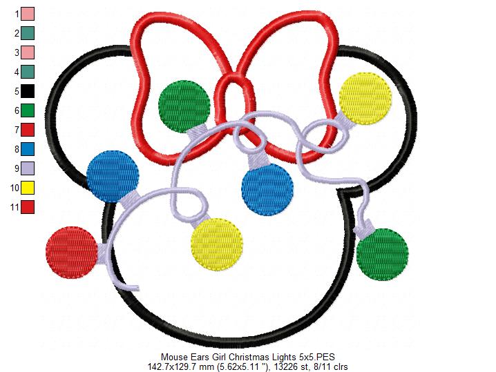 Mouse Ears Girl Christmas Lights - Applique Embroidery
