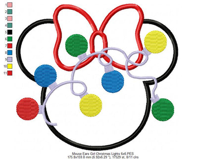 Mouse Ears Girl Christmas Lights - Applique Embroidery