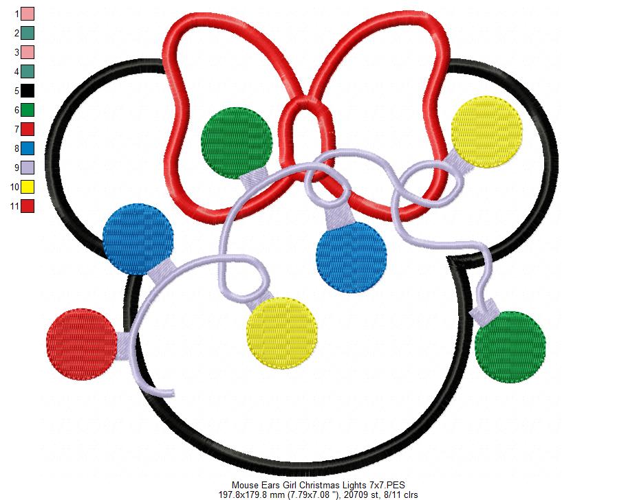 Mouse Ears Girl Christmas Lights - Applique Embroidery