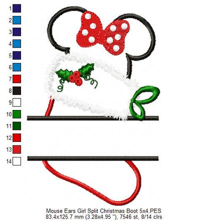 Split Mouse Ears Girl Christmas Boot - Applique Embroidery