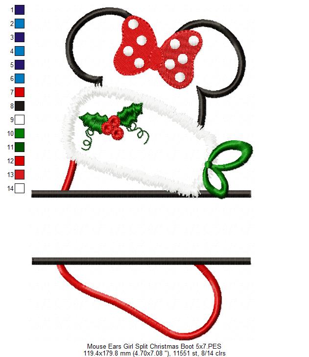 Split Mouse Ears Girl Christmas Boot - Applique Embroidery
