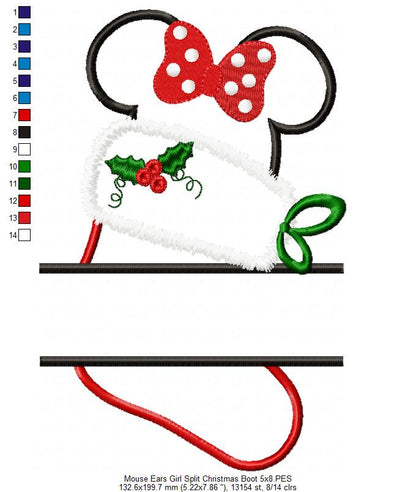 Split Mouse Ears Girl Christmas Boot - Applique Embroidery