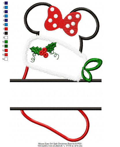Split Mouse Ears Girl Christmas Boot - Applique Embroidery
