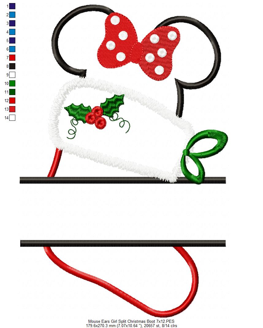 Split Mouse Ears Girl Christmas Boot - Applique Embroidery