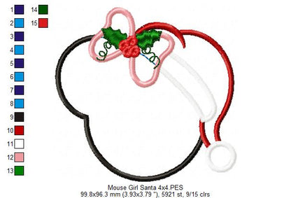 Mouse Ears Girl Christmas Santa - Applique - Machine Embroidery Design