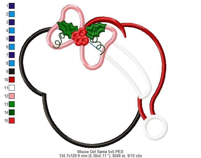 Mouse Ears Girl Christmas Santa - Applique - Machine Embroidery Design