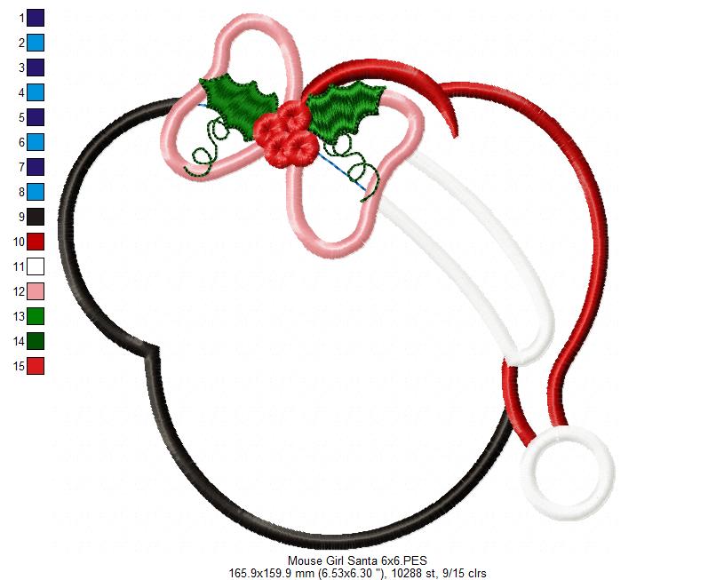Mouse Ears Girl Christmas Santa - Applique - Machine Embroidery Design