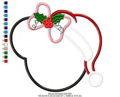 Mouse Ears Girl Christmas Santa - Applique - Machine Embroidery Design