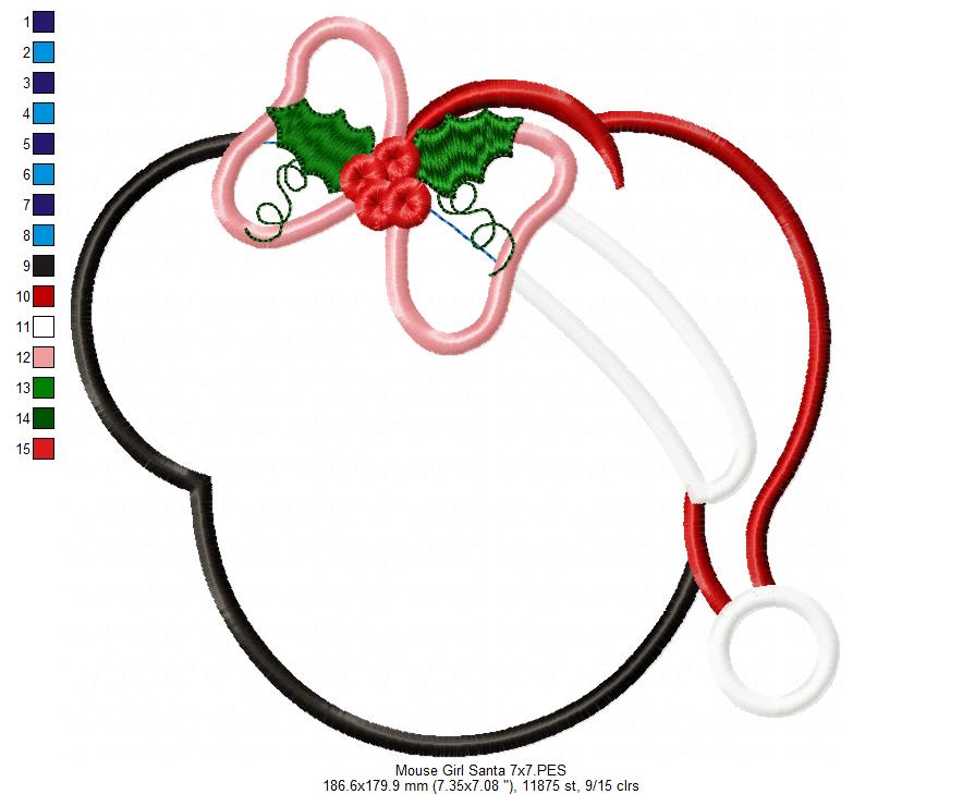 Mouse Ears Girl Christmas Santa - Applique - Machine Embroidery Design