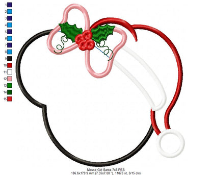 Mouse Ears Girl Christmas Santa - Applique - Machine Embroidery Design