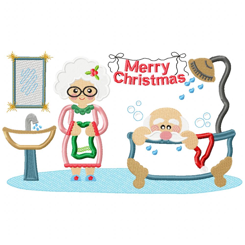 Santa Claus and Mrs. Claus in the Bathroom - Applique - Machine Embroidery Design