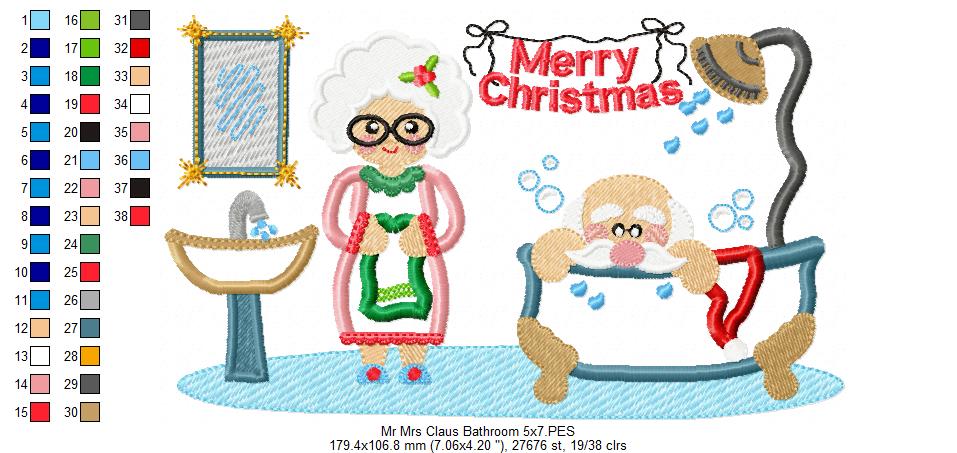 Santa Claus and Mrs. Claus in the Bathroom - Applique - Machine Embroidery Design