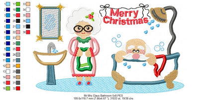 Santa Claus and Mrs. Claus in the Bathroom - Applique - Machine Embroidery Design