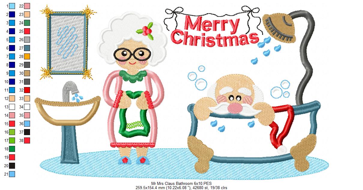 Santa Claus and Mrs. Claus in the Bathroom - Applique - Machine Embroidery Design