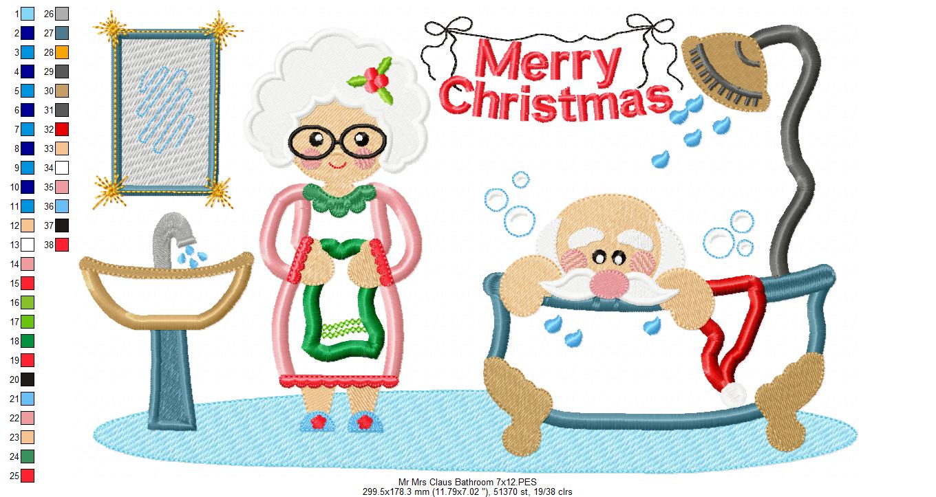 Santa Claus and Mrs. Claus in the Bathroom - Applique - Machine Embroidery Design
