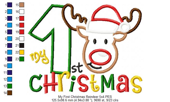 🦌 Baby’s First Christmas Reindeer & Number One – Appliqué – Machine Embroidery Design