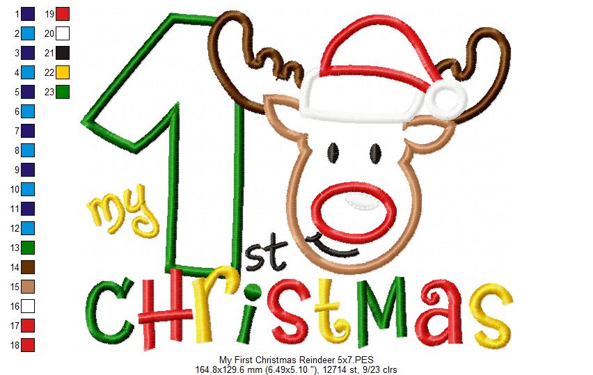 🦌 Baby’s First Christmas Reindeer & Number One – Appliqué – Machine Embroidery Design