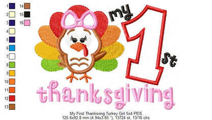 My 1st Thanksgiving Turkey Girl with Bow - Applique