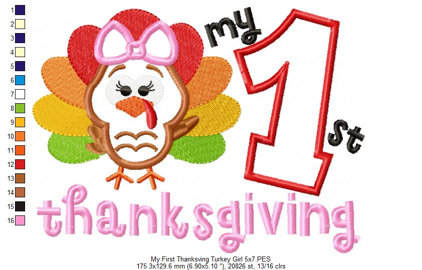 My 1st Thanksgiving Turkey Girl with Bow - Applique
