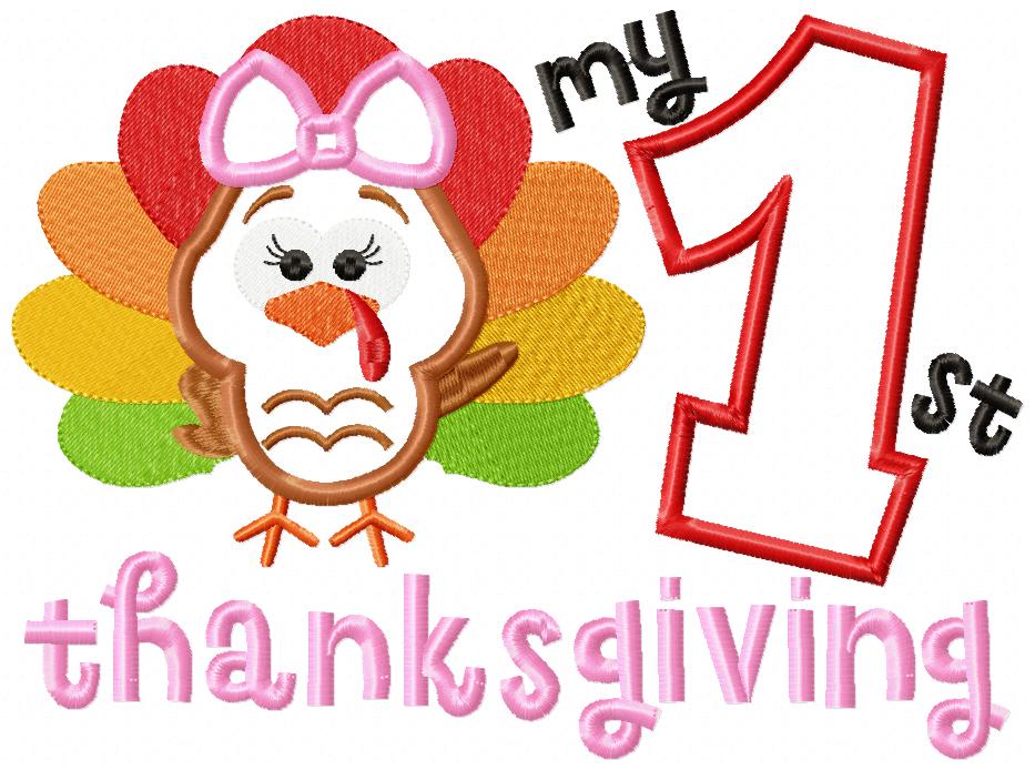 My 1st Thanksgiving Turkey Girl with Bow - Applique