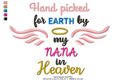 Hand Picked for Earth by My Nana in Heaven – Satin Stitch – Machine Embroidery Design