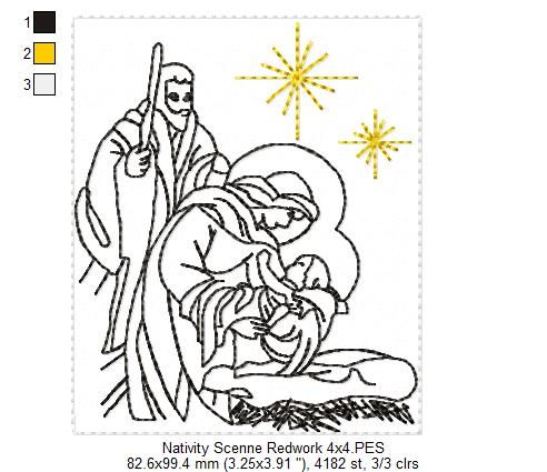 Nativity Scenne - Redwork Stitch - Machine Embroidery Design