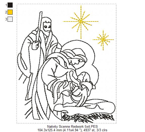 Nativity Scenne - Redwork Stitch - Machine Embroidery Design