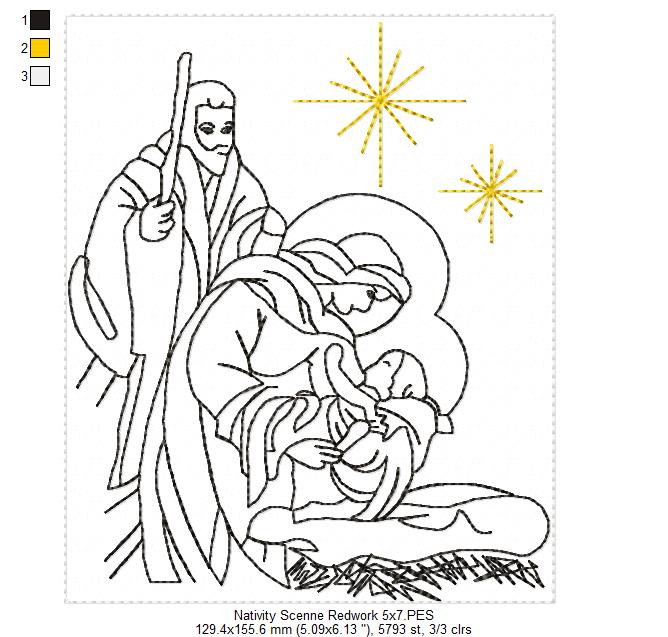 Nativity Scenne - Redwork Stitch - Machine Embroidery Design