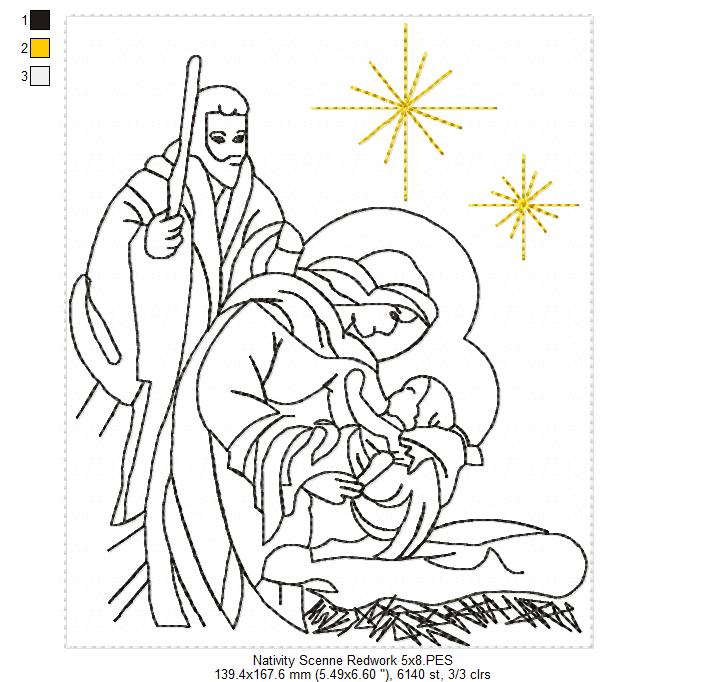Nativity Scenne - Redwork Stitch - Machine Embroidery Design