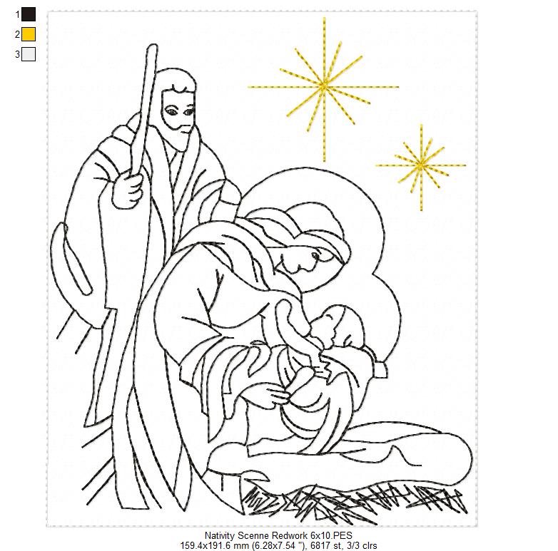 Nativity Scenne - Redwork Stitch - Machine Embroidery Design