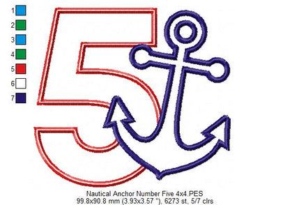 Nautical Anchor Number 6 Six 6th Birthday - Applique