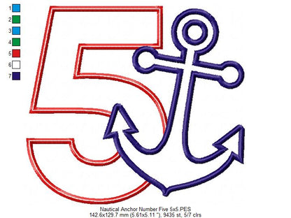Nautical Anchor Number 6 Six 6th Birthday - Applique