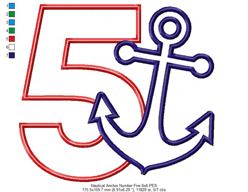 Nautical Anchor Number 6 Six 6th Birthday - Applique