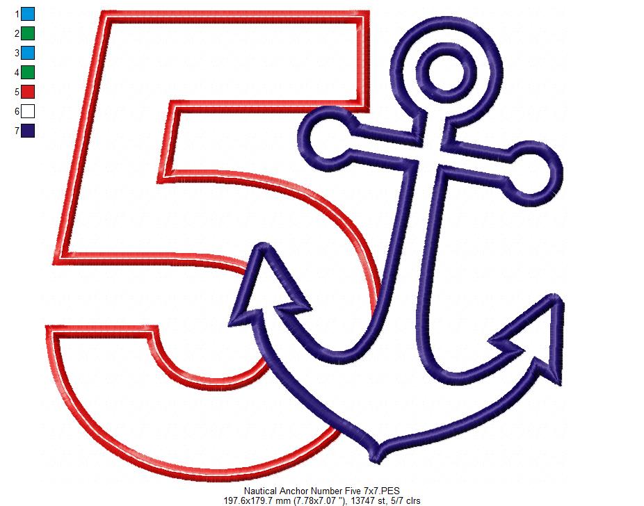 Nautical Anchor Number 6 Six 6th Birthday - Applique