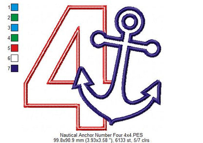 Nautical Anchor Number 4 Four 4th Birthday - Applique
