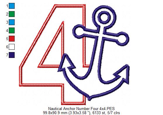 Nautical Anchor Number 4 Four 4th Birthday - Applique