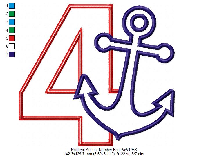 Nautical Anchor Number 4 Four 4th Birthday - Applique