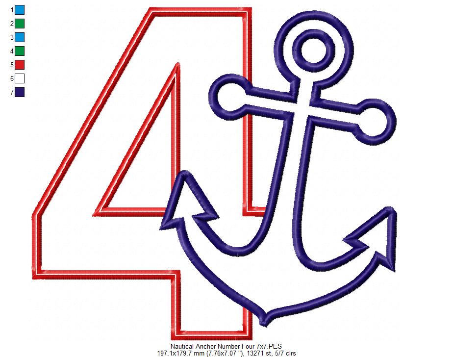 Nautical Anchor Number 4 Four 4th Birthday - Applique